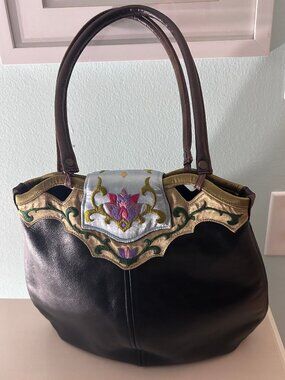 Vintage Papillon by Akihiro Domen Black Embroidered Floral HandBag
